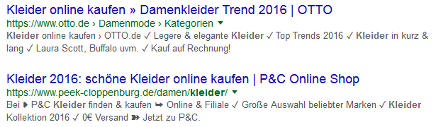 URL-Darstellung bei Google im Jahr 2016 - ohne strukturierte Daten erscheint die Adresse inklusive der Fettung des Keywords