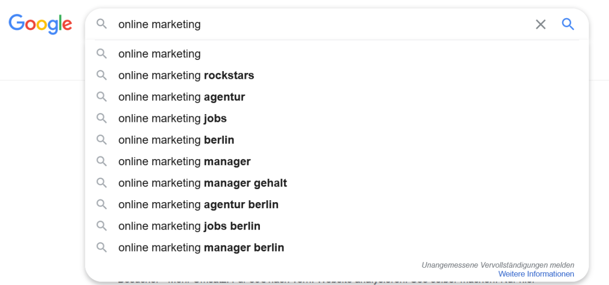 Google Suggest Suchvorschläge für "Online Marketing"