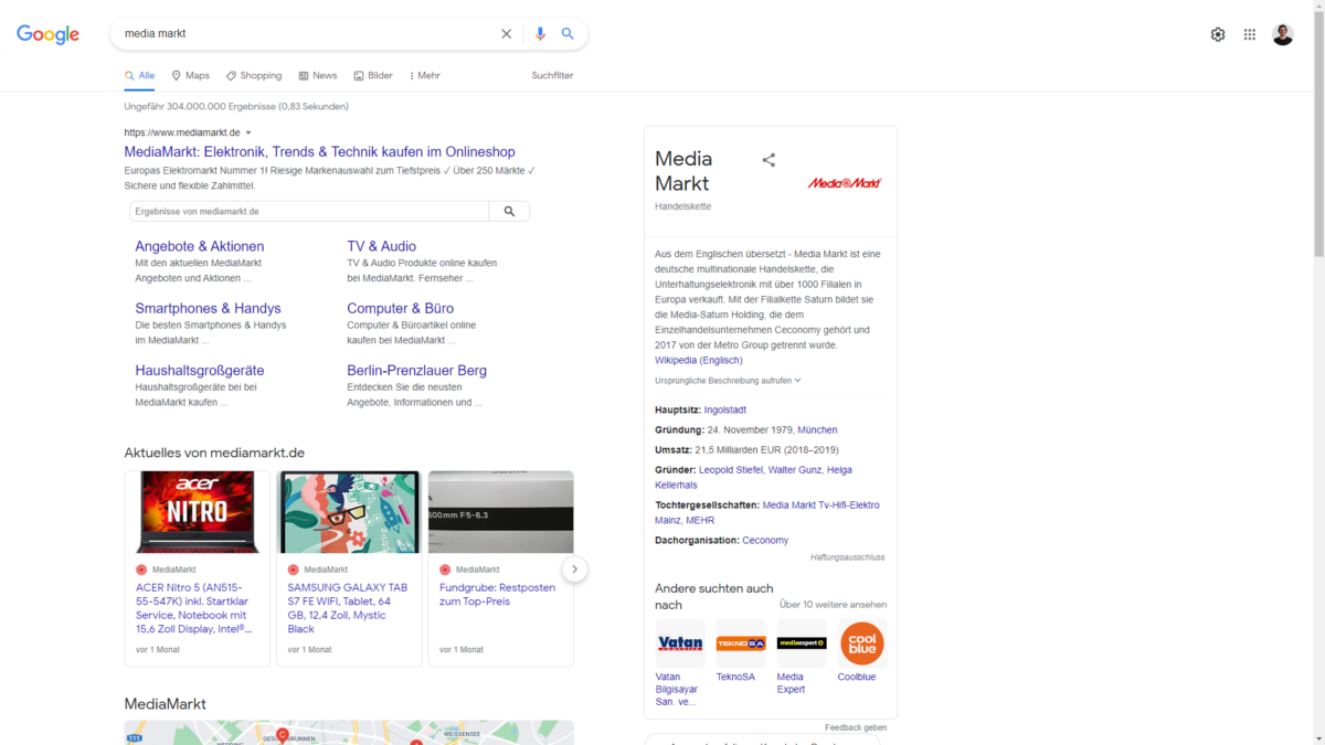 Sitelinks in der Google Suche für die Suche nach Media Markt