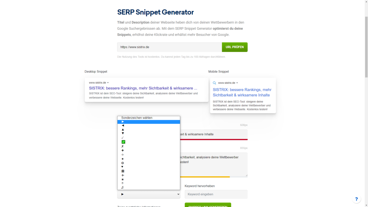 Snippet Optimierung mit dem kostenlosen Tool von Sistrix