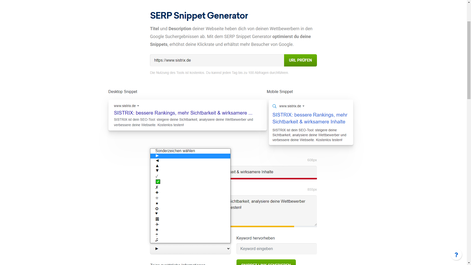 Snippet Optimierung mit dem kostenlosen Tool von Sistrix