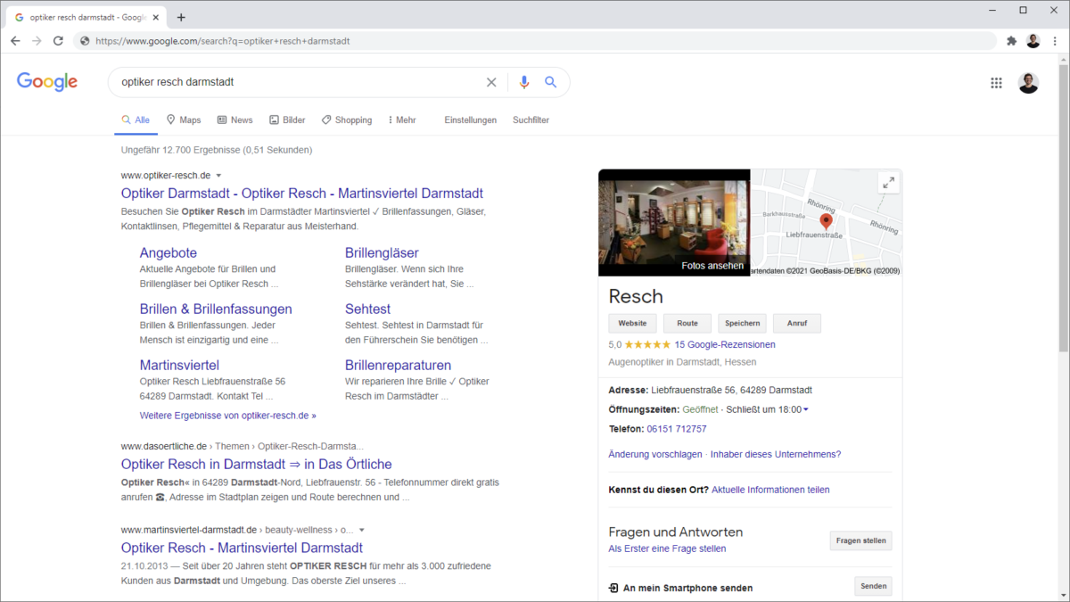 Darstellung der Google Bewertung bei der Suche nach einem Unternehmen