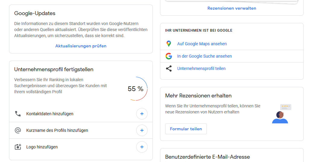 Unter "Mehr Rezensionen erhalten" auf der Übersichtsseite eines Standorts in Google My Business lässt sich der Kurzlink für Rezensionen erstellen