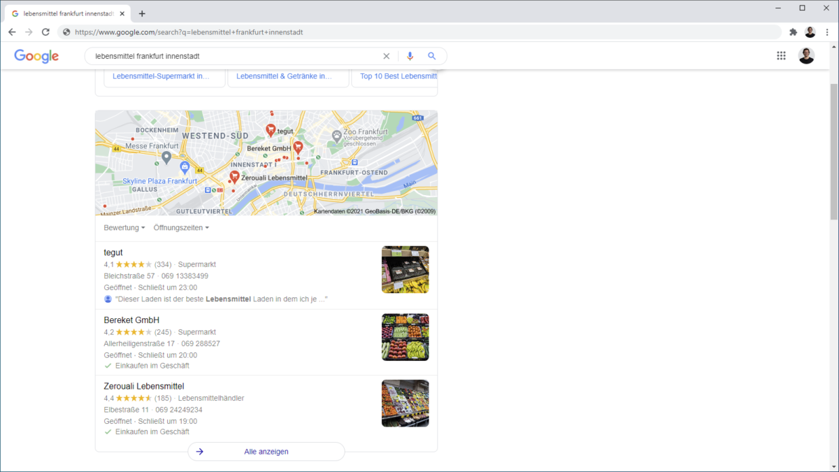 Bewertungen in Kartenergebnissen bei Google