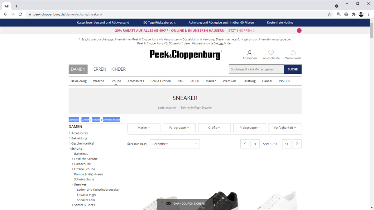 Der Breadcrumb bei Peek & Cloppenburg