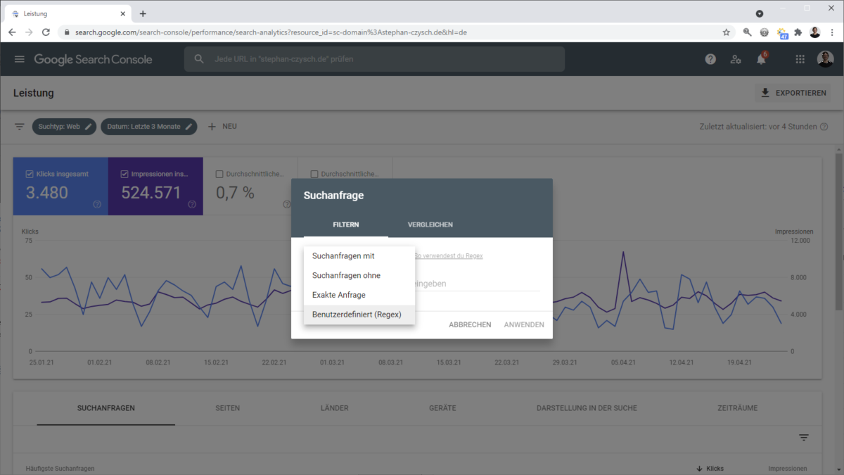Der Leistungsbericht der Google Search Console unterstützt reguläre Ausdrücke