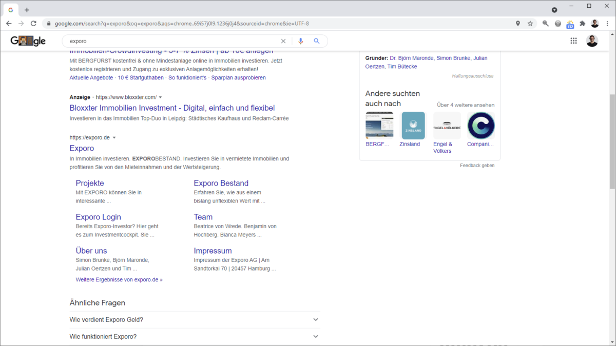 Extended Sitelinks in der Google Suche für die Suche nach exporo