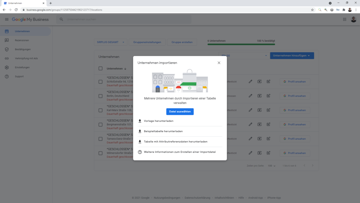 Über den Import können mehr Attribute zu Google My Business hochgeladen werden