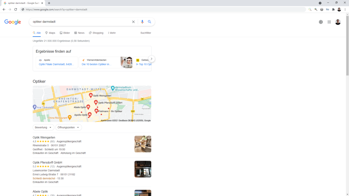 Lokales Marketing am Beispiel der Google-Suche für "Optiker Darmstadt"