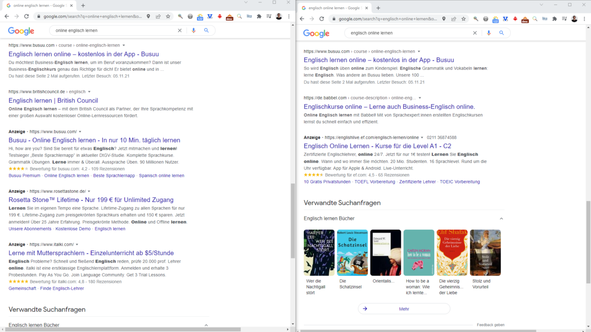 Vergleich der Suchergebnisse "englisch online lernen" und "online englisch lernen"