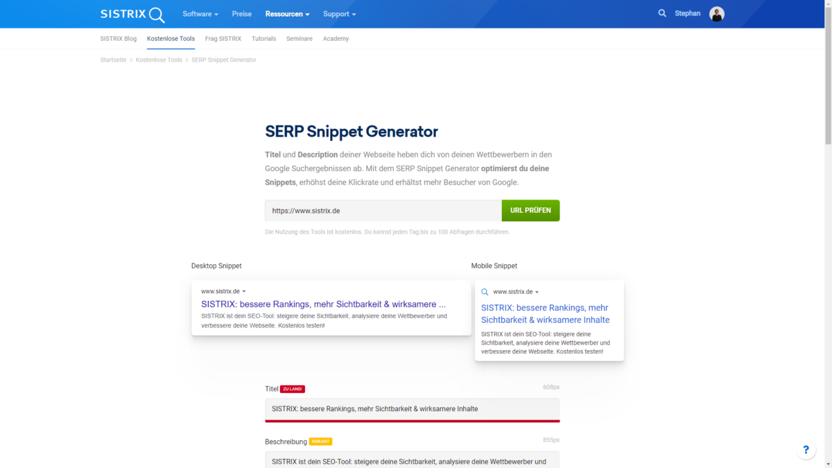 Der SERP Snippet Generator von Sistrix ist meine Wahl, wenn es um die Optimierung der Meta Description geh