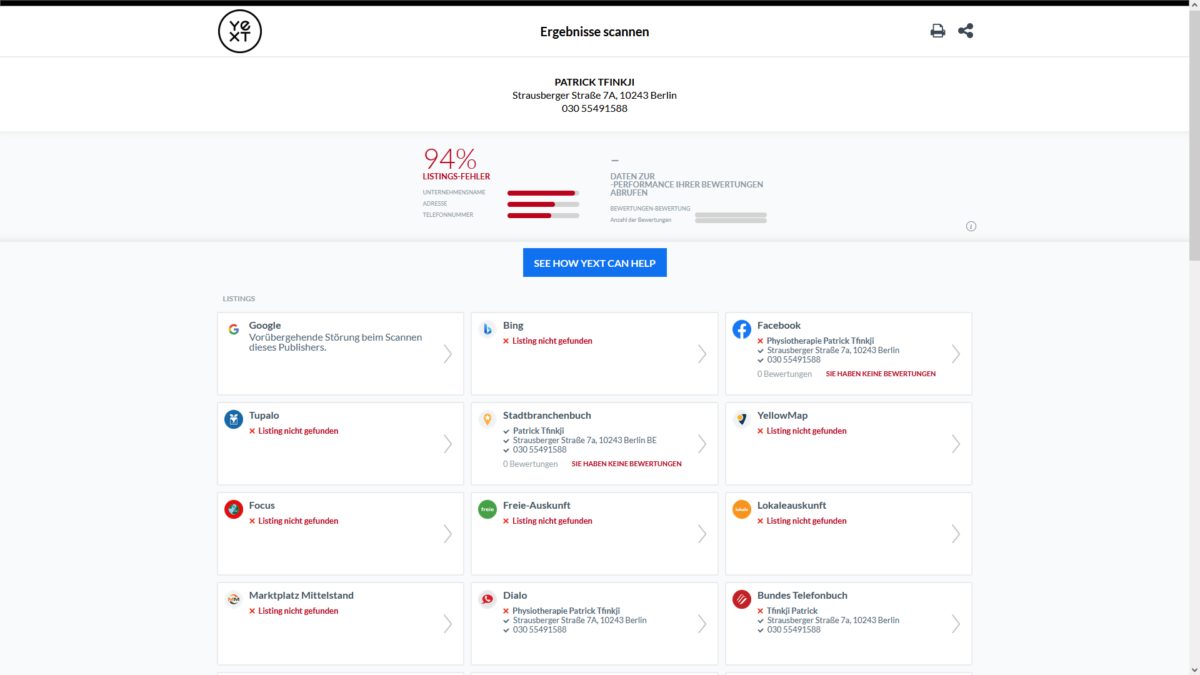 Local SEO Verzeichnischeck von Yext