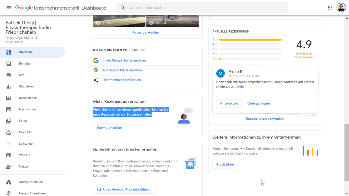 Über "Mehr Rezensionen erhalten" können Sie einen direkten Link zur Bewertungsabgabe bei Google generieren
