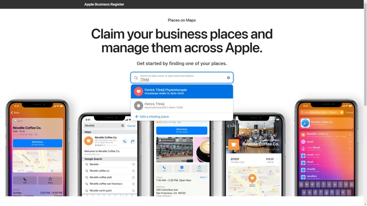 Startseite von Apple Places on Maps