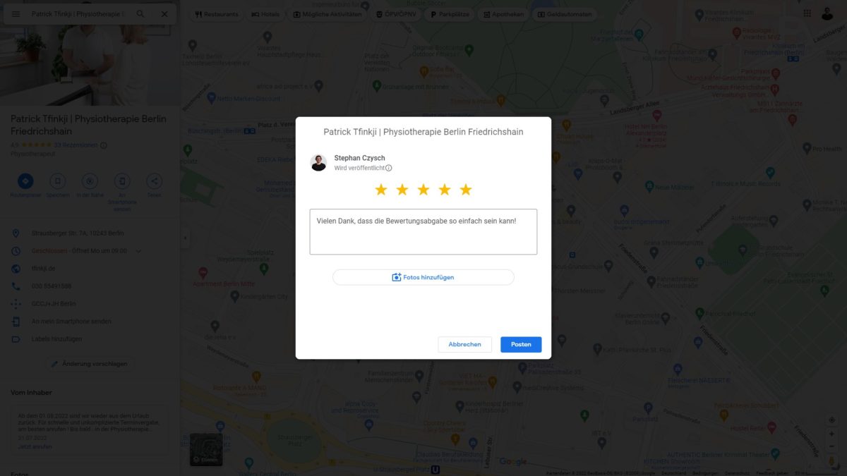 Abgabe einer Google Bewertung direkt bei Google Maps