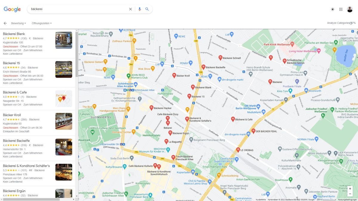 Google Maps Ergebnis für "Bäckerei" mit Standort in Berlin