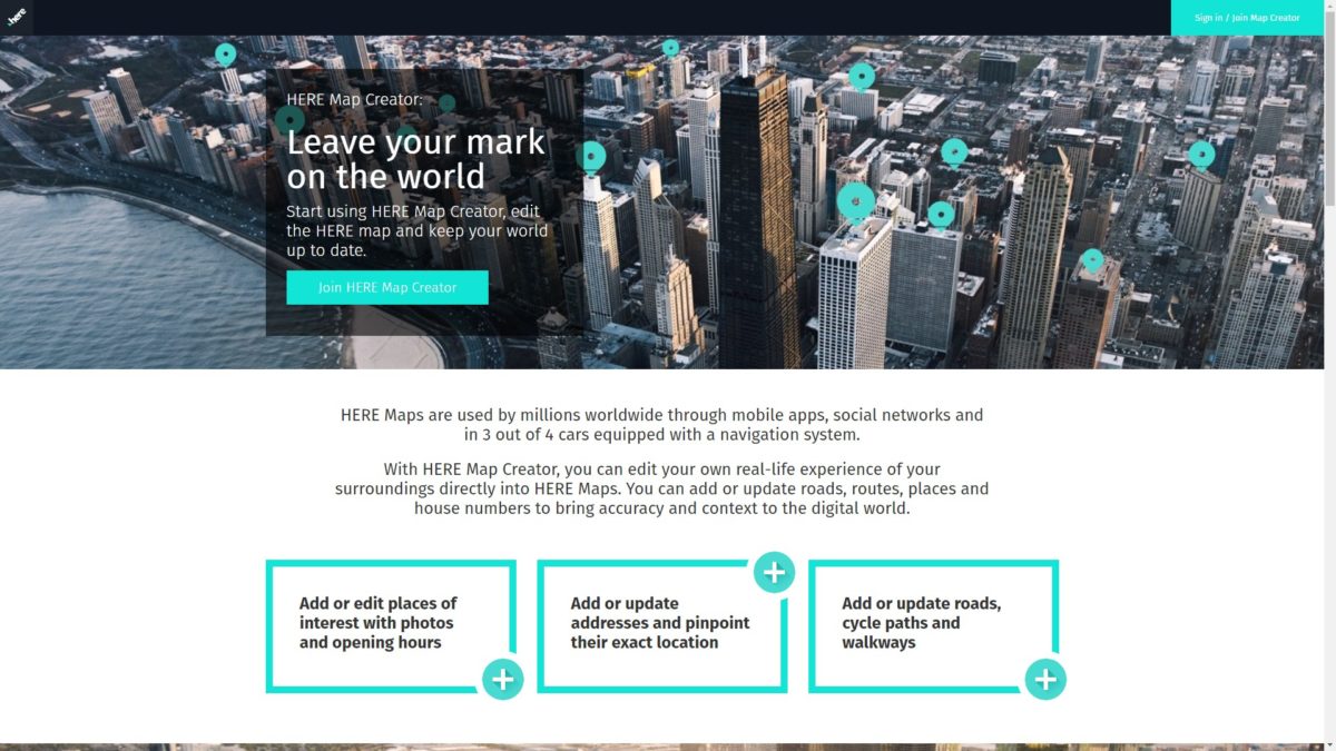 Here.com Map Creator Startseite für den Eintrag in viele Navigationsgeräte