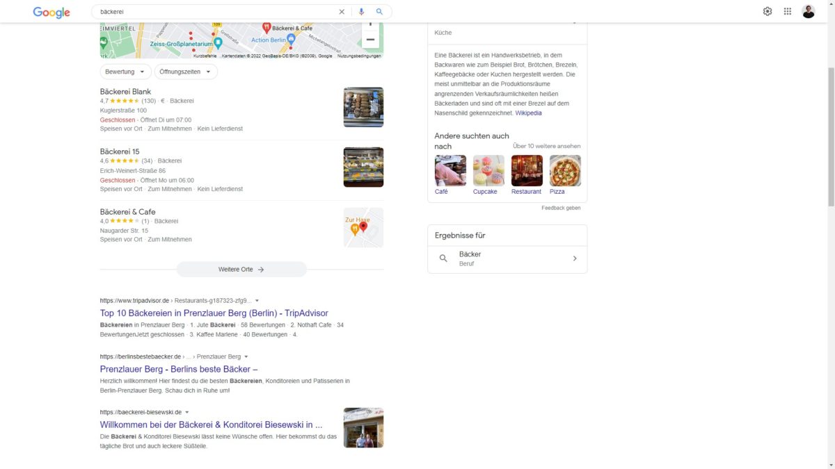 Die normalen Google Suchergebnisse zeigen Websites, die zu meinem Standort passen