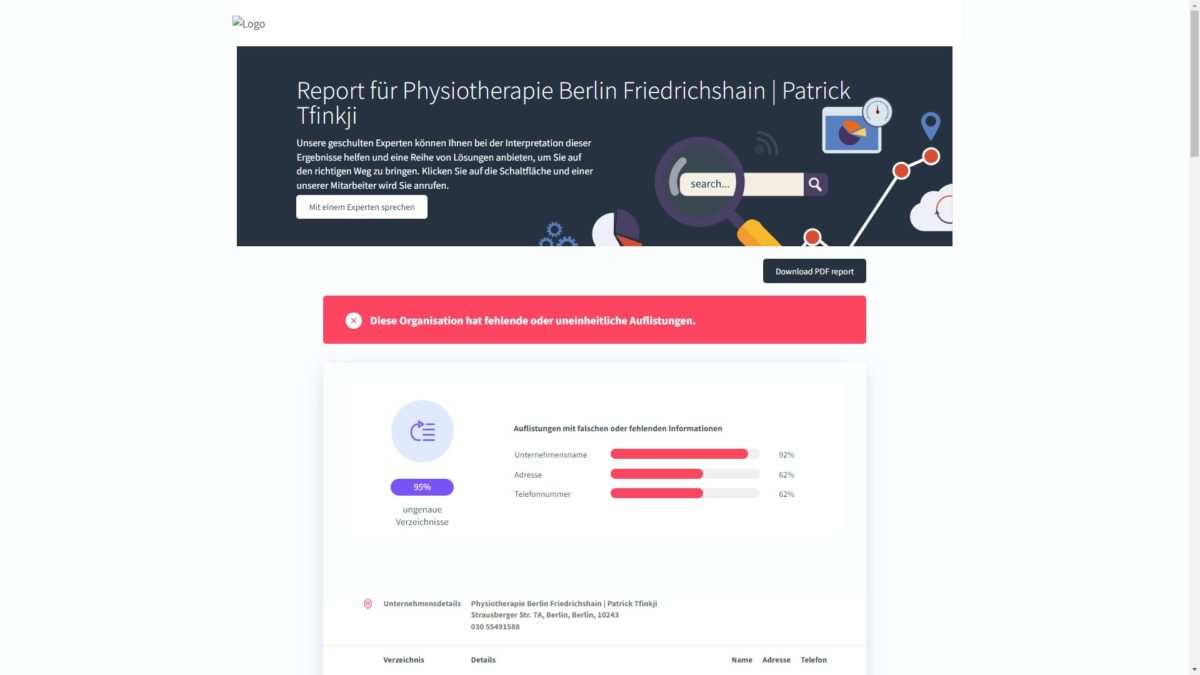 Listingcheck von Advantago, ob ein Unternehmen eingetragen ist